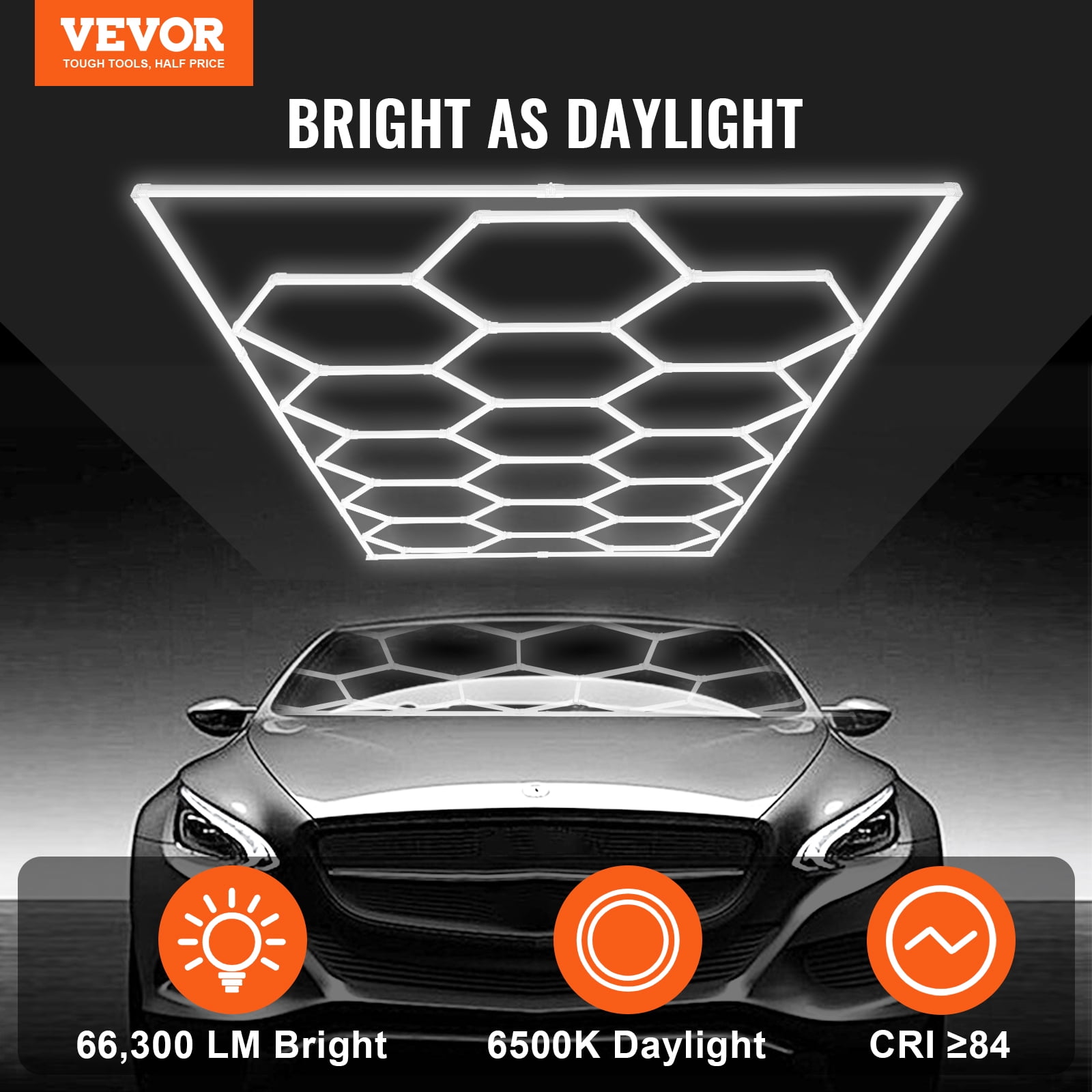 VEVOR Hexagon Garage Lights, 66300LM, 6500K 15 Grid Systems Honeycomb Hexagonal Garage LED Lights, DIY Cool White Car Detailing Garage Ceiling Lighting Bright Shop Light for Gym Basement Workshop