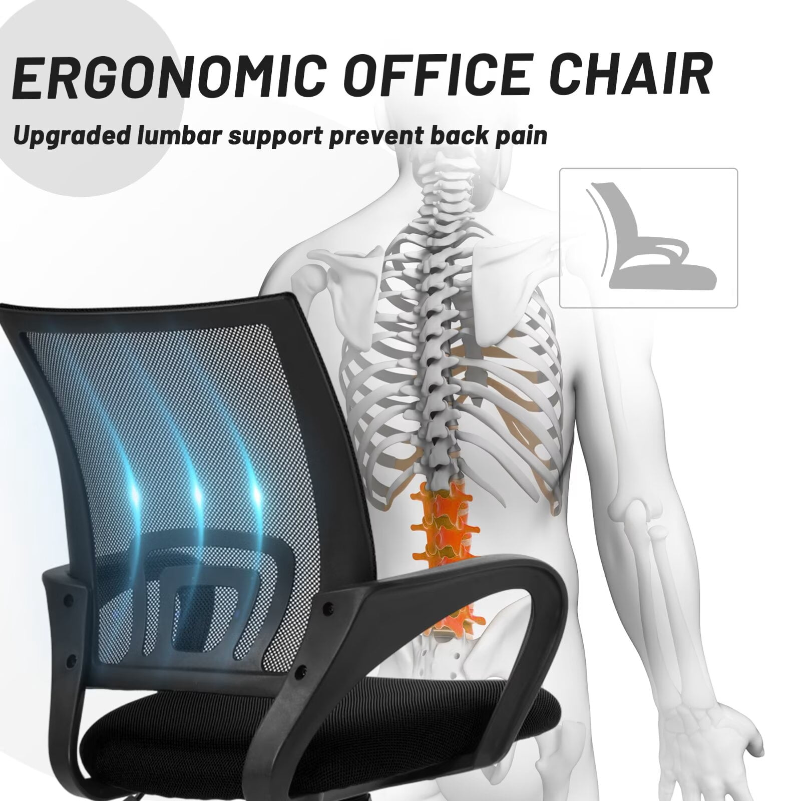 CL.HPAHKL Mesh Office Chair with Wheels, Adjustable Ergonomic Computer Desk Chair with Lumbar Support & Armrest, Comfortable Swivel Rolling Chair for Home Office Work Study, Black