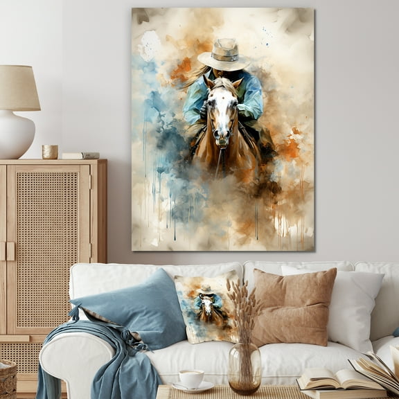Designart "Saddlebound Cowboys with Horses" People Canvas Wall Art - Southwestern Blue Cowboys Living Room Canvas Art