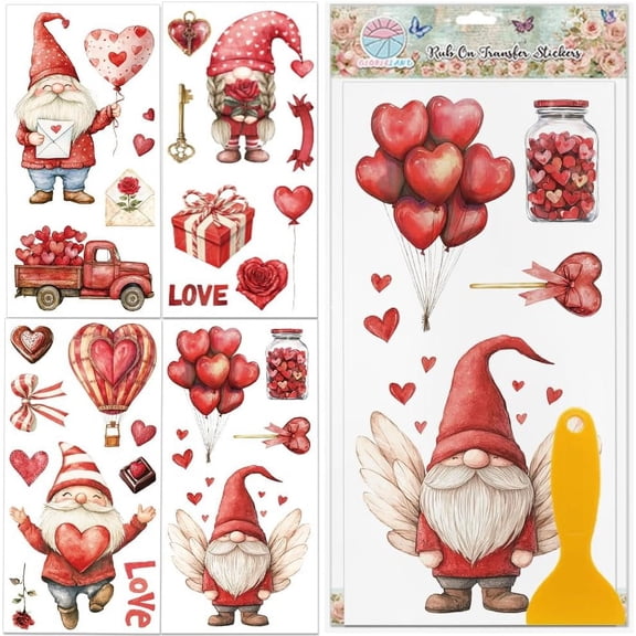 4 Sheets Valentine Gnome Rub on Transfers Red Heart Balloon Furniture Decor Transfers Sticker Love Letters UV Transfers Decal Craft for Bedroom Living Room Desk Table Decoration Colorful