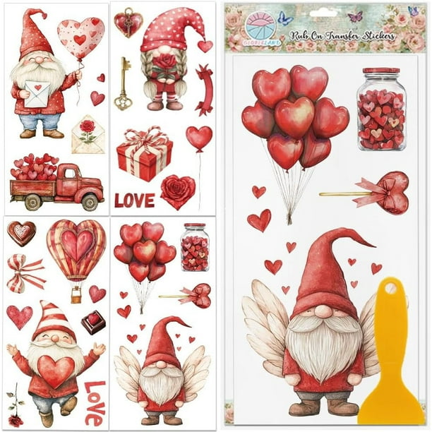 4 láminas de calcomanías para San Valentín con diseño de gnomos, corazón rojo y globo. Incluye pegatinas decorativas para muebles, letras de amor y calcomanías UV.