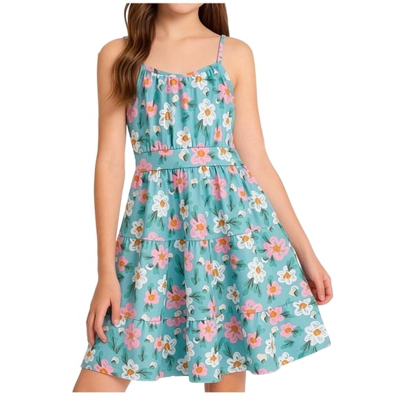 Sleeveless Summer Dresses Girls Spaghetti Strap Floral Vacation Tiered Dresses Casual Going Out Beach Outfits Green, 10 Years