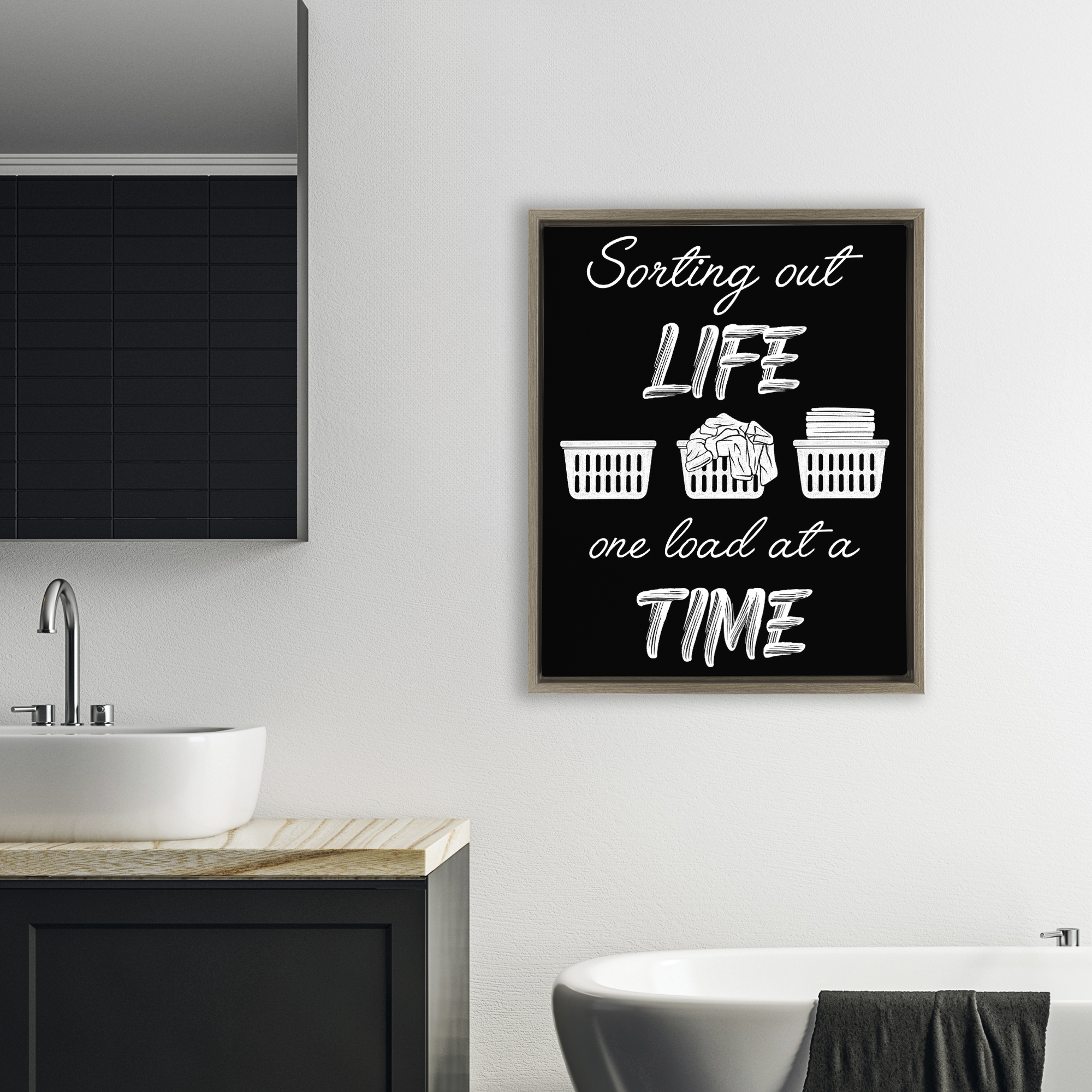 Sorting Out Life Laundry Brown Framed Floater Canvas Wall Art, design by Marcus Prime