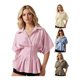 thumbnail image 3 of Blusas de verano para mujer, de manga corta, con cuello de solapa, estampado de rayas, abotonadas, con volantes plisados., 3 of 9