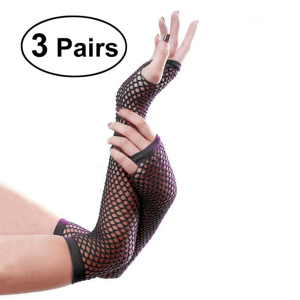 Guantes de rejilla de 3 pares Guantes de rejilla largos sin dedos Accesorios de fiesta de disfraces de discoteca (Negro)