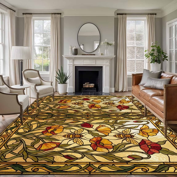 5'x7' Area Rugs for Living Room Bedroom, Vintage Bees Washable Rug Carpet Runner Indoor Outdoor, Country Retro Animal Flowers Yellow Brown Non Slip Floor Mats Area Rug for Kitchen, Nursery