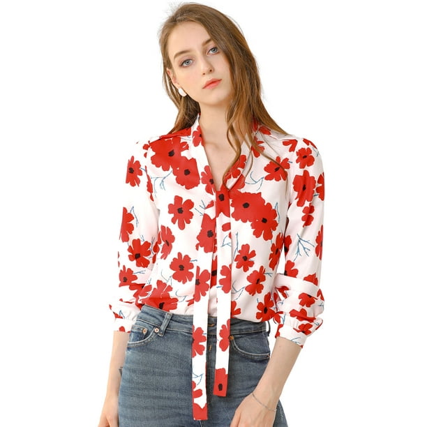 Camisa Casual Floral Allegra K Cuello de Lazo Manga Larga Blanco L