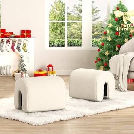 AWQM 2PCS Footstool Ottoman,Small Lamb Wool Pouf Ottoman Bench,Comfortable Sofa Footrest Vanity Chair Bench for Makeup Room, Living Room, Bedroom,U-Shaped