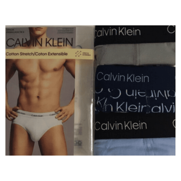 Calvin Klein Men's 3 Pack Hip Brief, Cotton Stretch, BlueandGrey, Size M