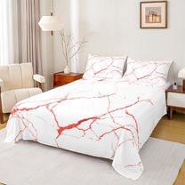 Manfei Aesthetic Marble Twin Sheet Sets,Modern Fluid Art Twin Fitted Sheet,Red White Flat Sheet For Adult,Breathable Bedroom Decor,3pcs