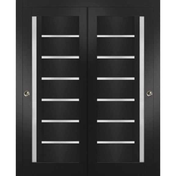 Sliding Closet Bypass Doors inches | Quadro 4088 Matte Black with Frosted Glass | Sturdy Rails Moldings Trims Hardware Set | Wood Solid Bedroom Wardrobe Doors