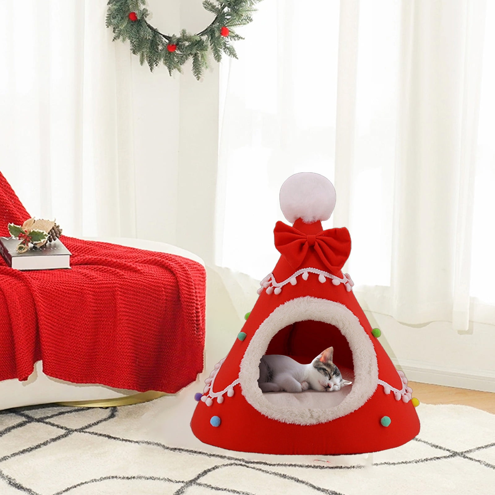 Nebwoak Soft Nest for Dog and Cat Christmas Candy Pet Bed Pet Villa Kitty Bed Dog Bed Winter Warm Cats Bed Yurt Pet Houses Pet Tent House