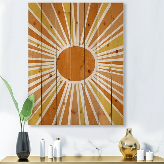 Designart 'Minimal Bright Shining Orange Sun Rays I' Modern Print on Natural Pine Wood