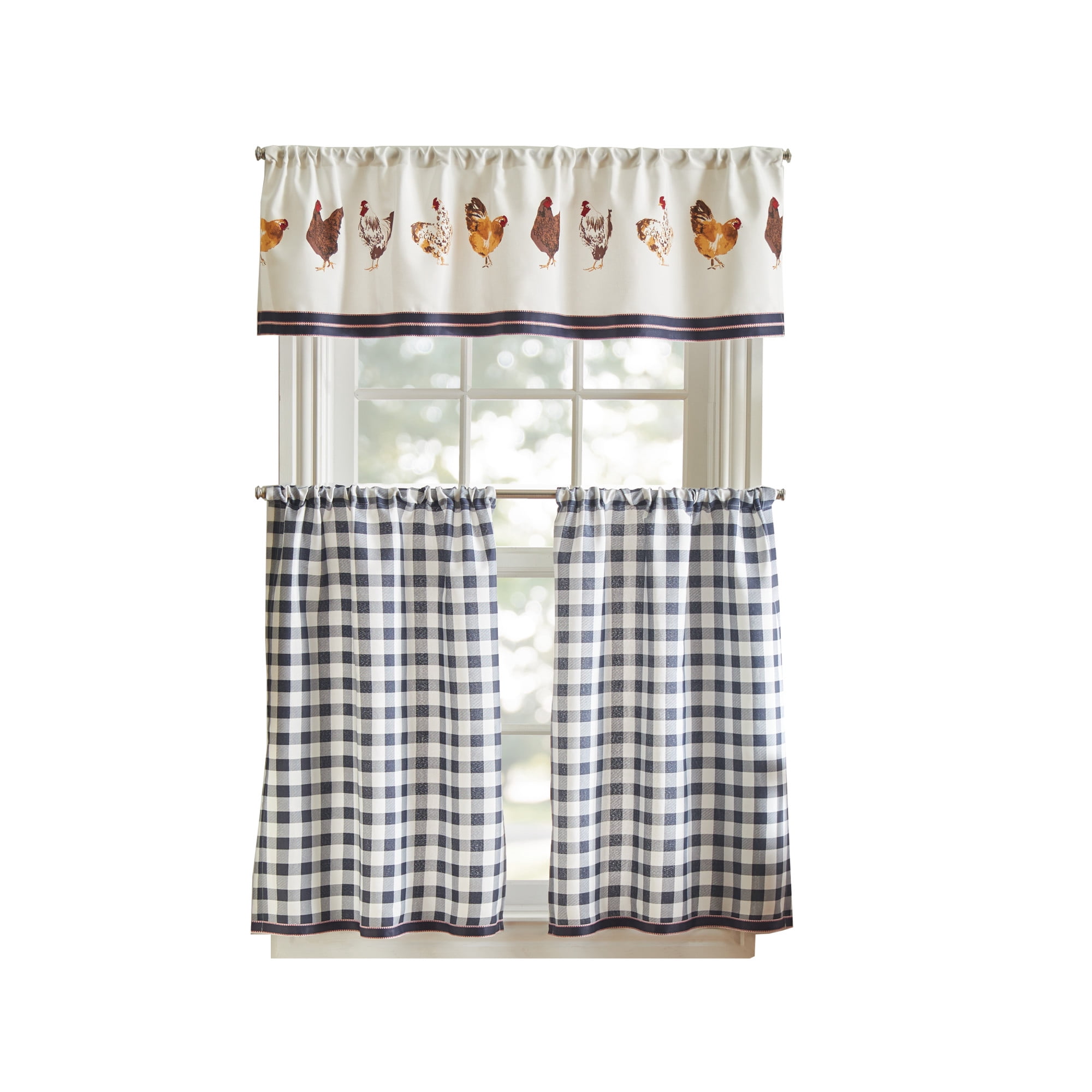 Martha Stewart Chickens 3 Piece Valance & Tier Set, Multicolor, Rod Pocket, Light Filtering, Indoor, Adult, 60" x 14"