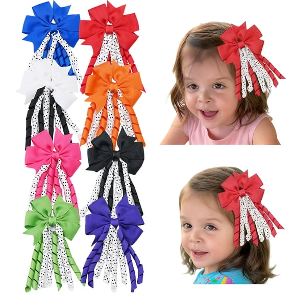 8 Pcs 3.3inch Long Tail Hair Bows for Girls 3-10 Years, Polka Dot Grosgrain Ribbon Clips for School & Parties
