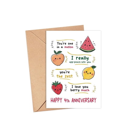 Cute 4th Anniversary Card – “You’re One in a Melon” Design – Fun Fruit Pun Blank Inside Envelope Included – Perfect for Couples Celebrating Love