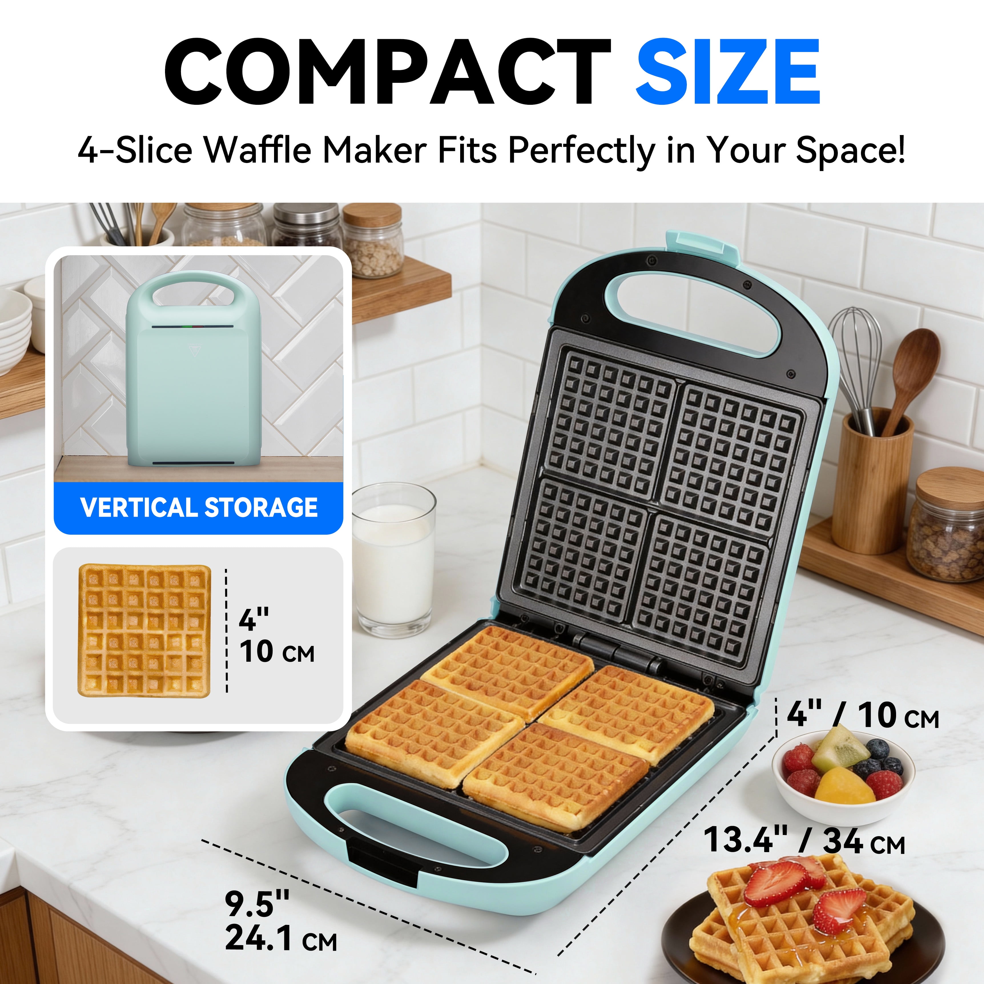 Mailand 4-Slice Belgian Waffle Maker, Square Waffle Iron, Classic Waffle Wafflera with Non Stick Coating, 1000W, Aqua