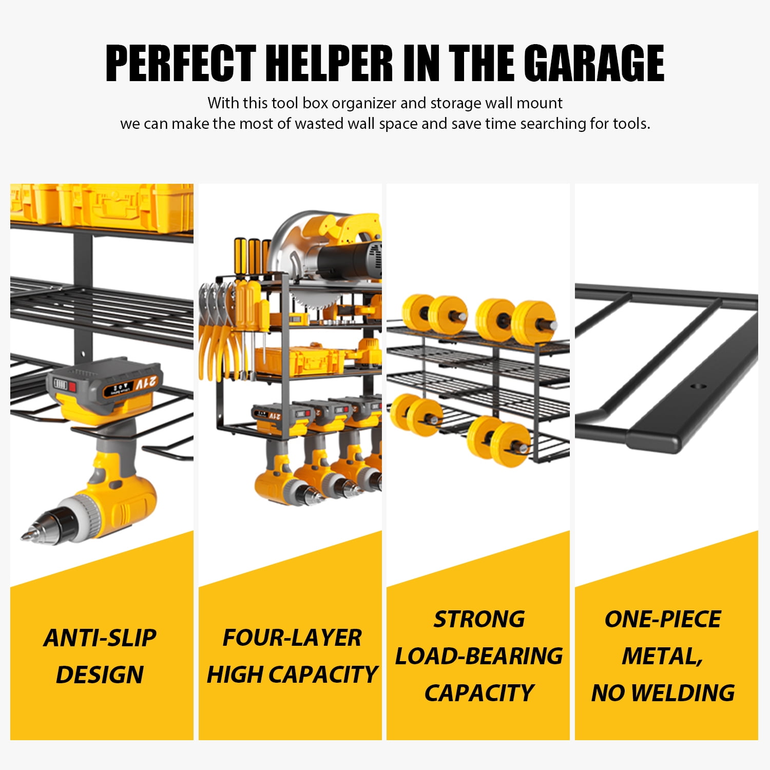 Large Power Tool Organizer Wall Mount, 4 Large Layers Heavy Duty Metal Garage Organization Loads 300lbs with 8 Cordless Drill Holder, Power Tool Shelf for Workshop, Utility Racks