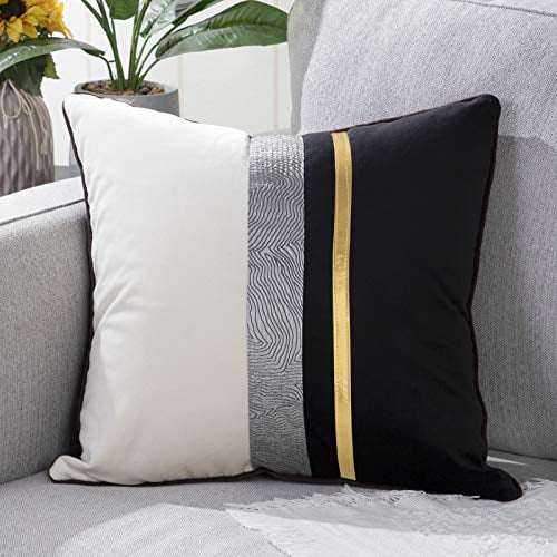 YAERTUN Patchwork Velvet Square Decorative Throw Pillow Cover with Gold Striped Leather Cushion Cases Modern Luxury Pillowcases for Couch Sofa Bed 18x18 Inches Black