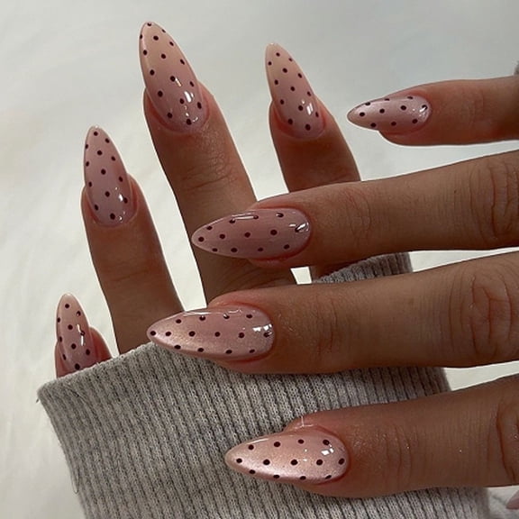 EBCUE Dot Press on Nails Medium Almond Fake Nails Pink Nails Press ons with Design Full Cover Stick on Nails for Women Manicure,Reusable | Artificial | Nail Sticky Tabs | Easy Apply | 24Pcs