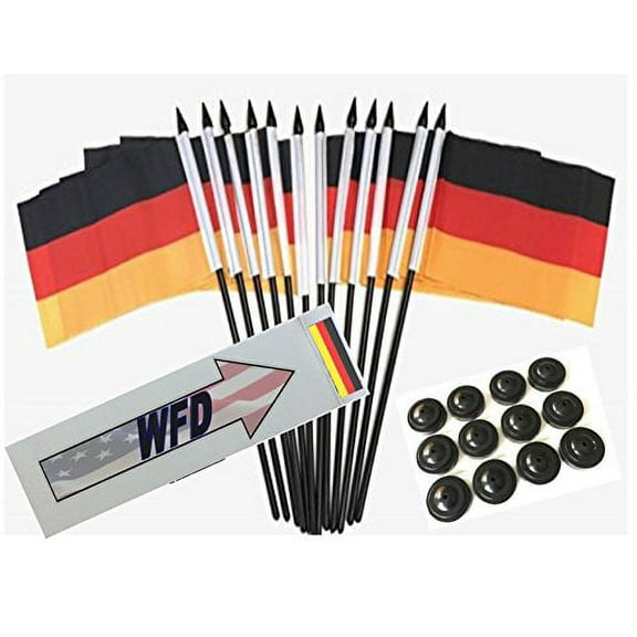 Box of 12 Germany 4"x6" Polyester Miniature Desk & Little Table Flags, 4x6 German Small Mini Hand Waving Stick Flags with 12 Flag Bases (Stands)