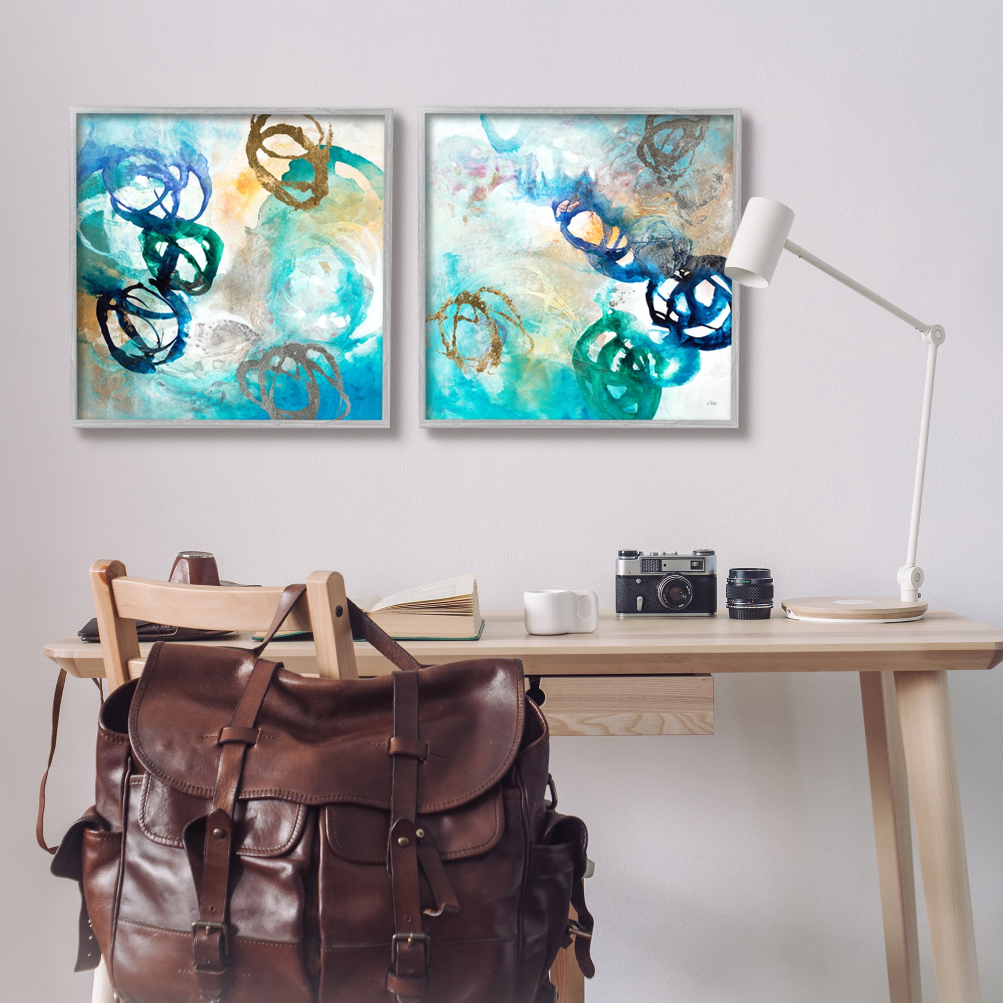 Stupell Industries Modern Shapes Overlay Painting Marine Blue Tones Painting Gray Framed Art Print Wall Art, Set of 2, Design by K. Nari
