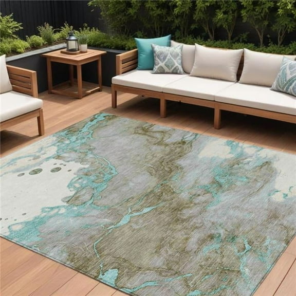 HomeRoots 631896 10 x 14 ft. Teal Blue & Brown Abstract Washable Indoor & Outdoor Rectangle Area Rug