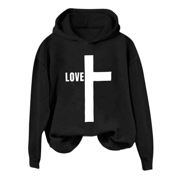 Womens Fashion Hoodies Sweatshirts Love Letter Cross Graphic Long Sleeve Pullover Hooded Shirt Tops