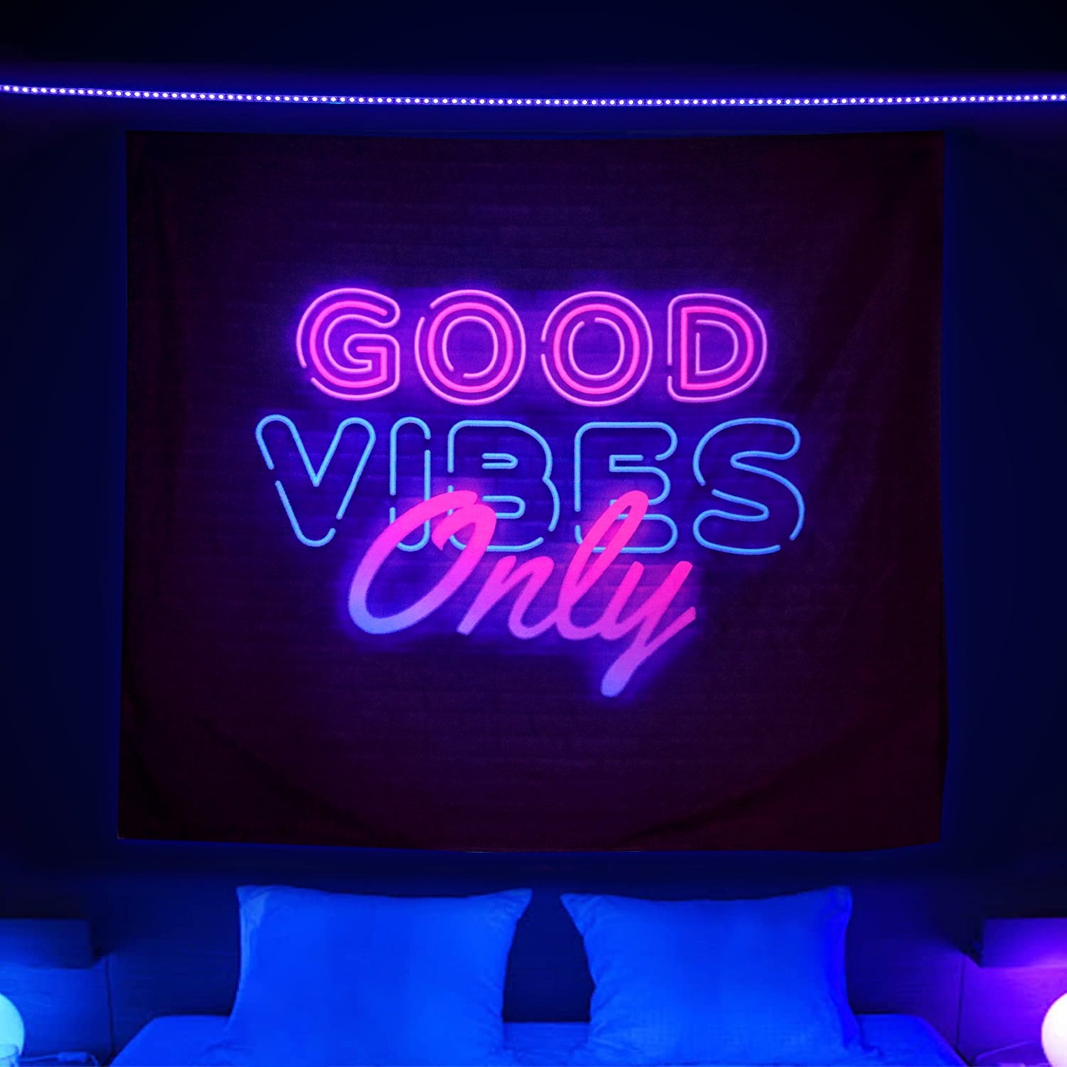 Blacklight Neon Tapestry Wall Hanging Good Vibes Only Words in UV Reactive Neon Tapestry for Bedroom Living Room Wall Decor 60x51 inches