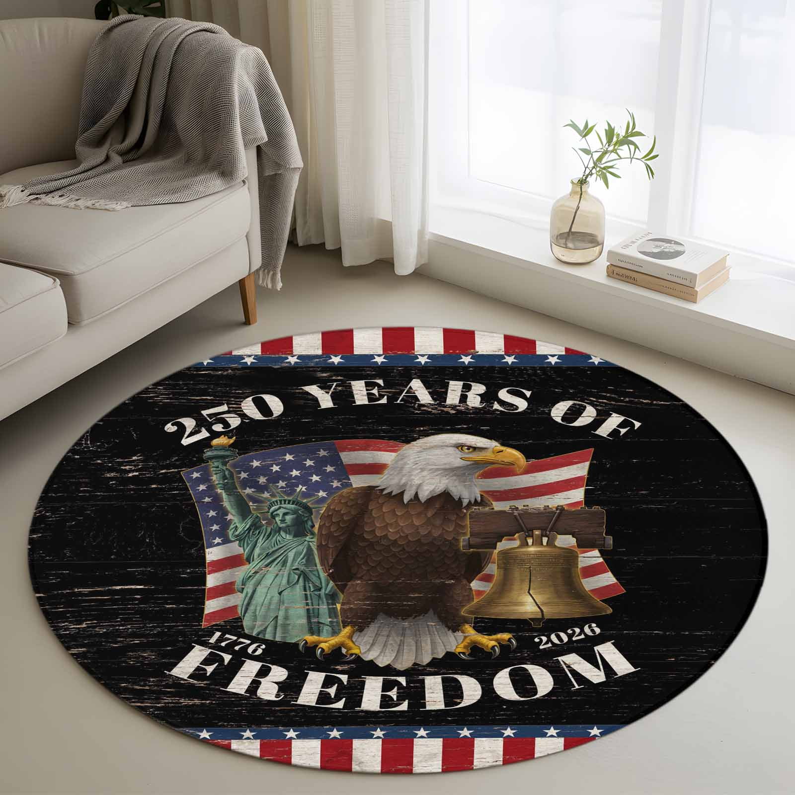 Round Area Rug 3ft Anniversary USA Flag Non-Shedding Washable Area Rug Vintage Eagle Farm Plank Non Slip Low-Profile Circle Rugs for Living Room Bedroom Dining Room