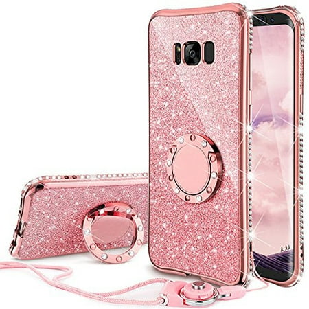 Galaxy S8 Plus Case, Glitter Cute Phone Case Girls with Kickstand, Bling Diamond Rhinestone Bumper Ring Stand Sparkly Luxury Soft Protective Samsung Galaxy S8 Plus Case for Girl Women - Rose (Best Protective Case For Samsung S8)