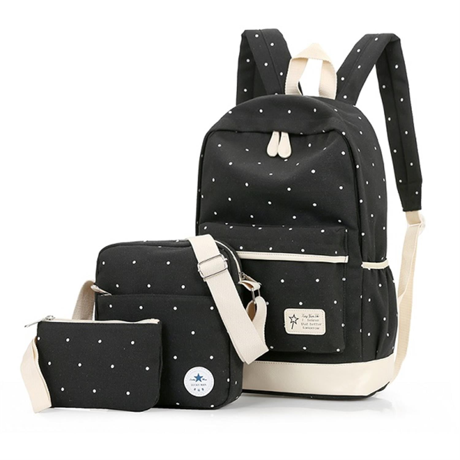 Lowestbest Back Pack Bookbag Set, Canvas School Backpacks for Girls, Printed Backpack Set with Pencil Case Bag, Black Lowestbest Back Pack Bookbag Set, Canvas School Backpacks for Girls, Printed Backpack Set with Pencil Case Bag, Black