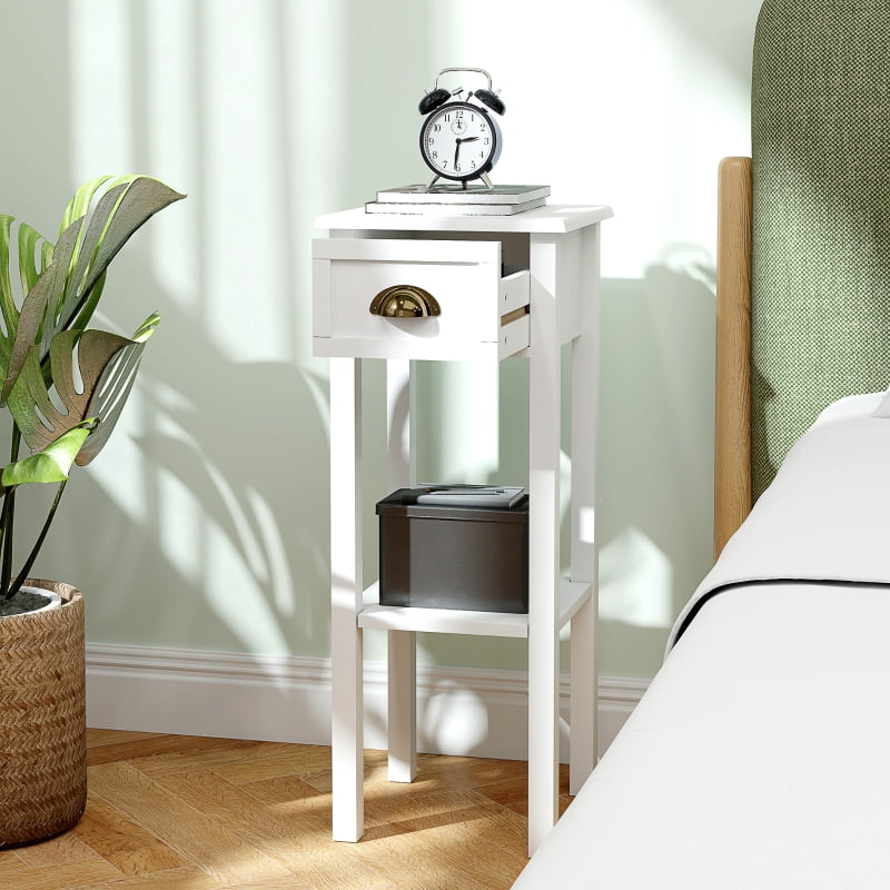 HOQBN 2-Tier Side Tables Set of 2 with Drawer and Shelf, 2-Piece Bedside Table Set for Living Room and Hallway, White
