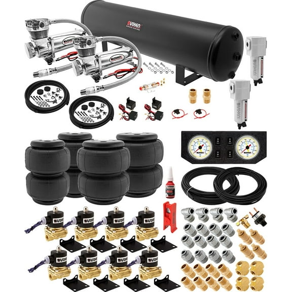 Vixen Air Suspension Kit for Truck/Car/Air Ride. On Board System - Two 200 PSI Compressors, 5 Gallon Tank, Four Air Bags/Springs. For Towing, Leveling, Heavy Loads, Boat Lift. VXX3804PW/4852DCF