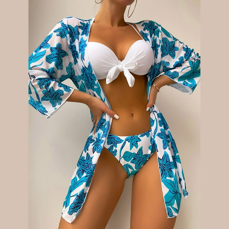 Juniors Bathing Suits Tops 2023 Women s Split Swimsuit Blue White Contrast Leaf Print Hanging Neck Bow Tie Three Piece Suit Swimsuit for Women plus