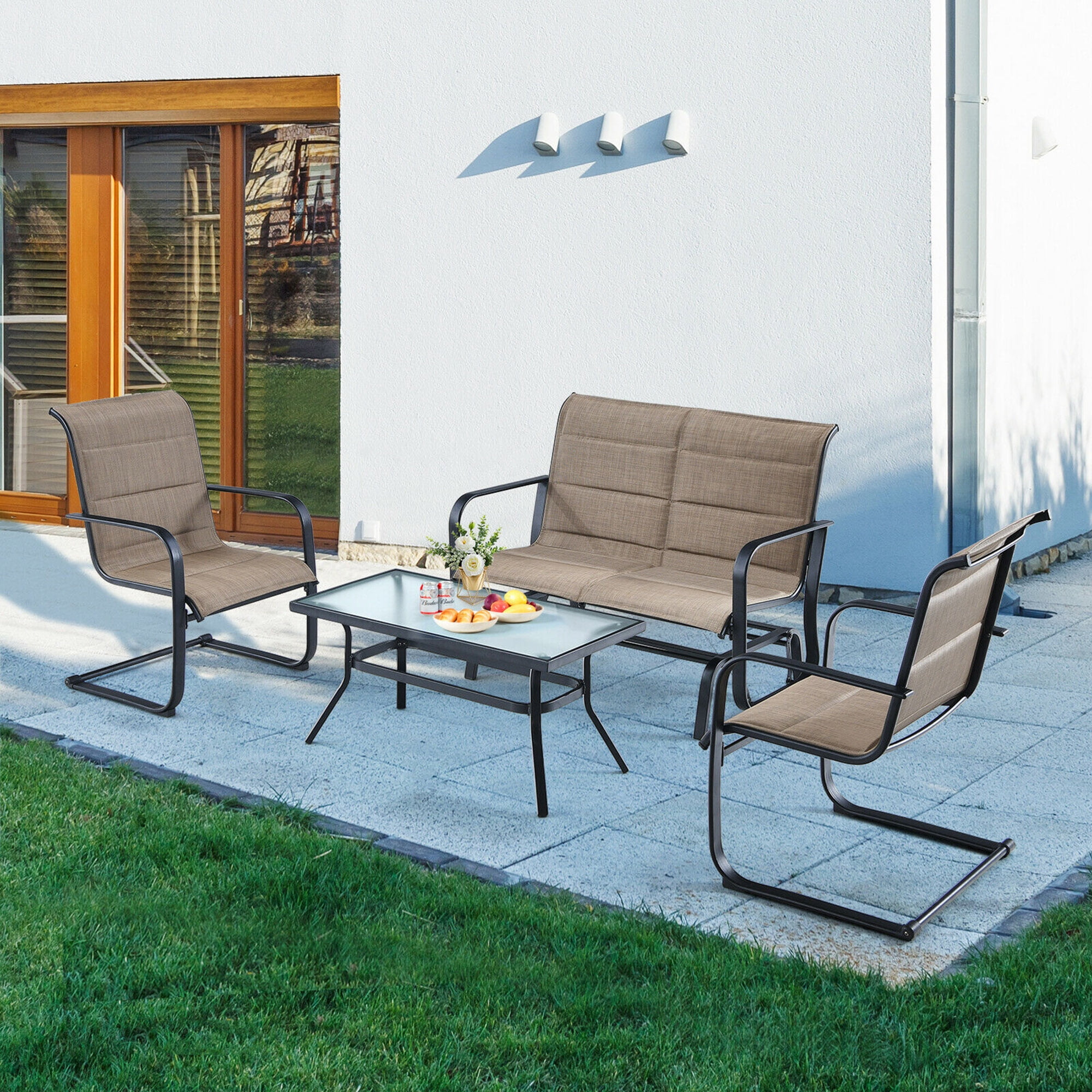 Gymax Fashion 4PCS Patio Conversation Set Cotton Padded Furniture Set w/ Swing Glider Loveseat