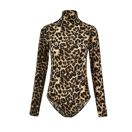 

Beiwei Women Jumpsuit Long Sleeve Bodysuits Tops Bodysuit Casual Playsuit Cocktail Romper Onesies Stretch Leotard Leopard L