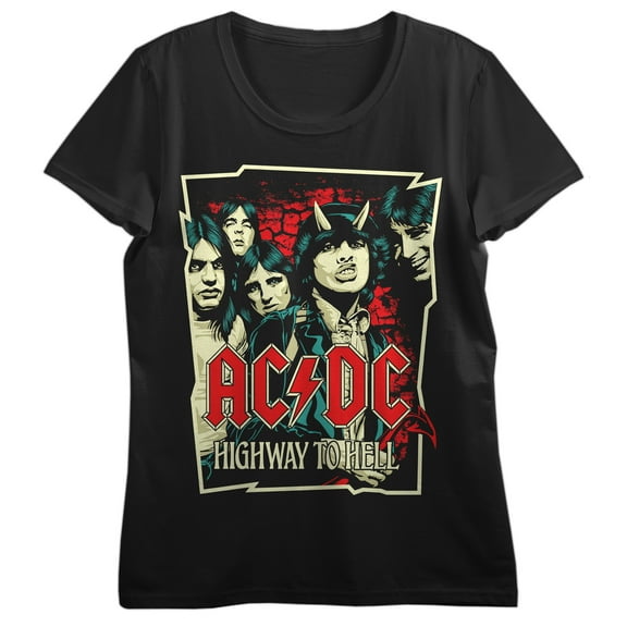 ACDC group band comics style frame, acdc logo and highway to hell at back on Black Short Sleeve Adult T-Shirt-Medium