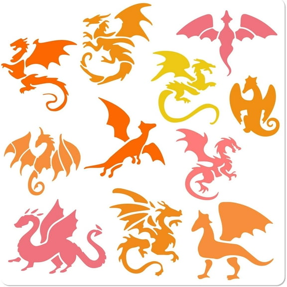 Dragon Painting Stencils Large Different Dragons with Wings Craft Ornament Paint Stencils Reusable White PET Drawing Template for Painting Wood Wall DIY Craft Fabric (11.8x11.8 Inch)