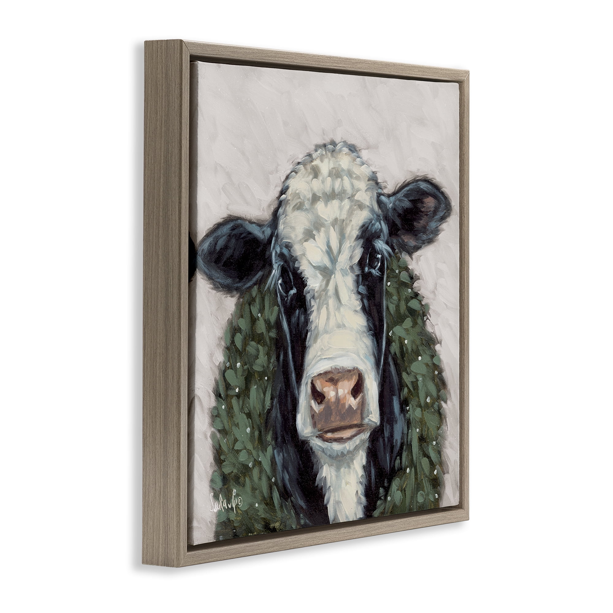 Stupell Industries Spotted Cow with Wreath Holiday Painting Brown Floater Framed Canvas Art Prints Wall Art, 18 x 18
