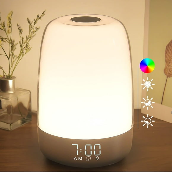 winshine Touch Wake Up Night Light con reloj despertador de simulación de amanecer, lámpara de noche blanca cálida regulable de 3 maneras para dormitorios de niños RGB luz ambiental de mesa de noche,