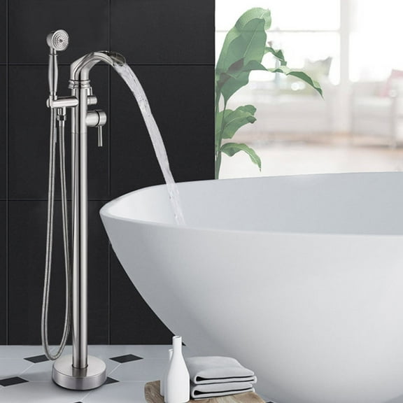 Brushed Nickel Bathroom Single Handle Freestanding Bathtub Faucet Floor Mounted Waterfall Tub Filler with Hand Shower Set