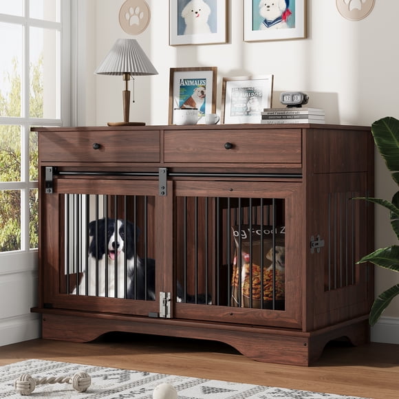 47" Dog Furniture Crate, Large Furniture Style Dog Crate w/ 2 Storage Draws & Removable Divider for Large/Medium/Small Dogs
