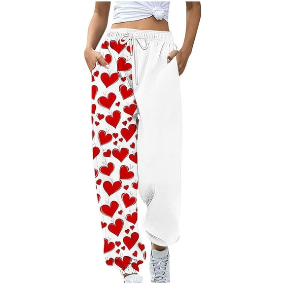 hotojiny Valentines Day Sweatpants for Women Cute Heart Print Running Joggers Casual Loose High Waisted Trousers