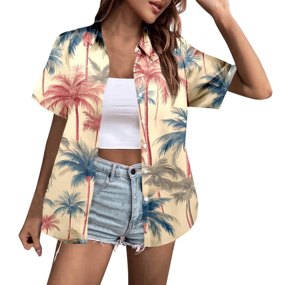 MDUKONU Womens Summer Hawaiian Shirts Soft Cool Floral Tropical Print T-Shirt Button Down V Neck Short Sleeve Tee Tops Beige L