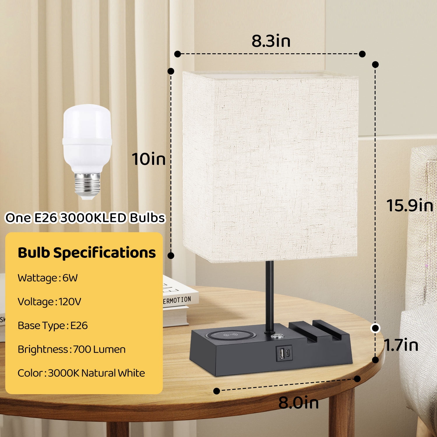 HadinEEon 15.9" Iron Bedside Table Lamp with Off-White Shade