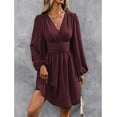 thumbnail image 4 of Women Fall Dresses Casual Long Sleeve Deep V Sexy Dress A-line Elastic High Waisted Flowy Dress, 4 of 9