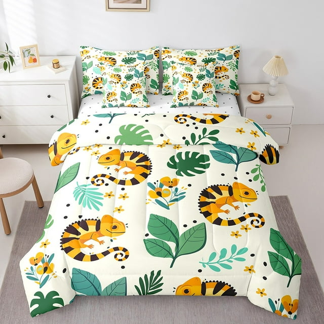 7 Pieces Full Size Cartoon Lizard Comforter Set,Tropical Palm Botanical Plants Bedding Set for Boys Girls,Wild Reptile Animal Rustic (Comforter+Fitted+Flat Sheet+2 Pillowcases+2 Throw Pillow Covers)