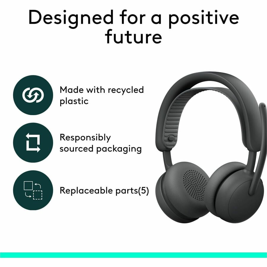 Logitech Zone Wireless 2 ES for Business, Noise-Canceling Wireless Headset with Adaptive Hybrid ANC, Zoom & Google Certified, USB-C & USB-A,Graphite