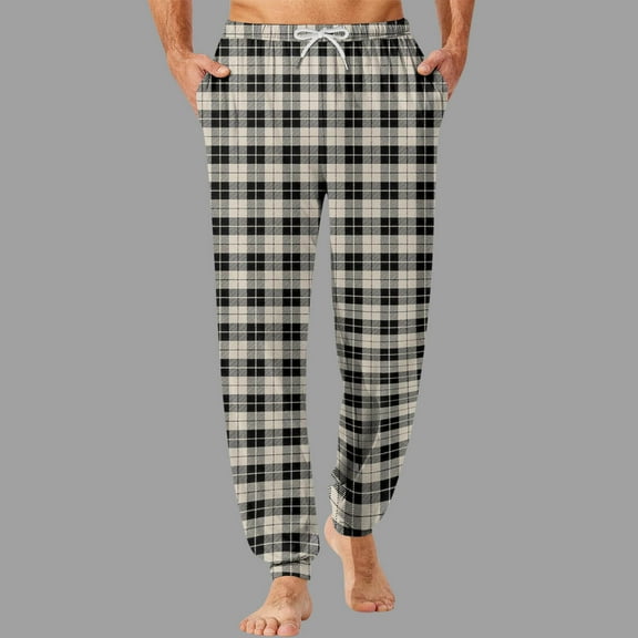 S-4X Plus Size Pajama Pants for Men Big & Tall Tapered Leg Trousers with Pockets and Drawstring Elastic Waist Plaid Printed Homewear Pajamas Pant